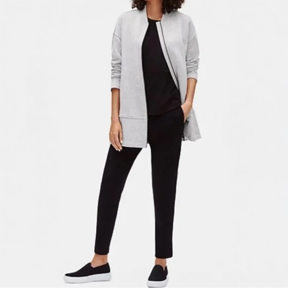 Eileen Fisher Brushed Cotton Terry Long Flight Jacket Size S Small Full Zip Gray - Picture 2 of 15